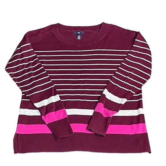 Women’s Gap Sweater Size M Maroon Light Weight Long Sleeve White Pink Stripes - Picture 1 of 8